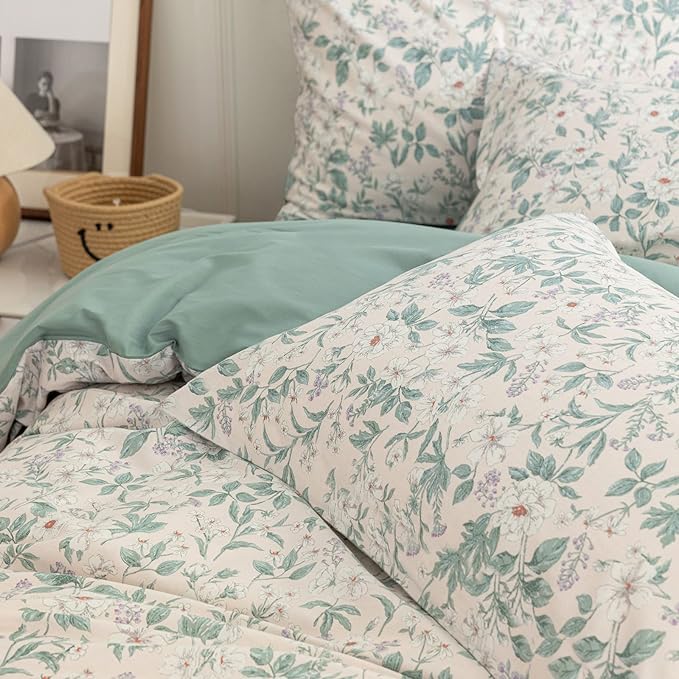 EAVD Vintage Style Garden White Floral Duvet Cover Queen Soft 100% Cotton Flower Green Leaves Botanical Bedding Set with 2 Pillowcases Chic Botanical Floral Comforter Set Aesthetic Bedding Set
