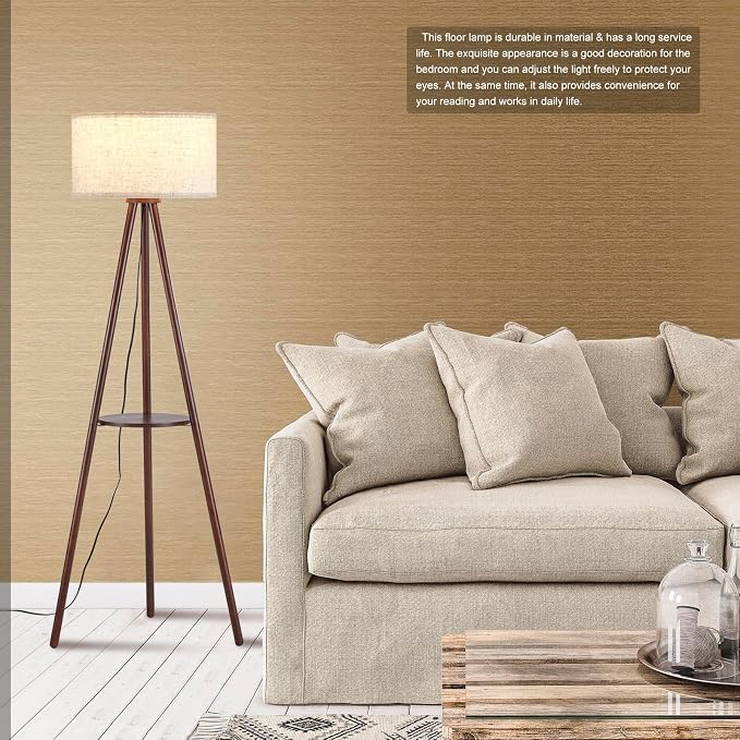 BTP Wood Tripod Floor Lamp for Living Room, 3 Color Temparature LED Bulb Included, Mid Century Modern Wooden Shelf Floor lamp with Linen Shade for Bedroom, Office, Walnut Wood Color
