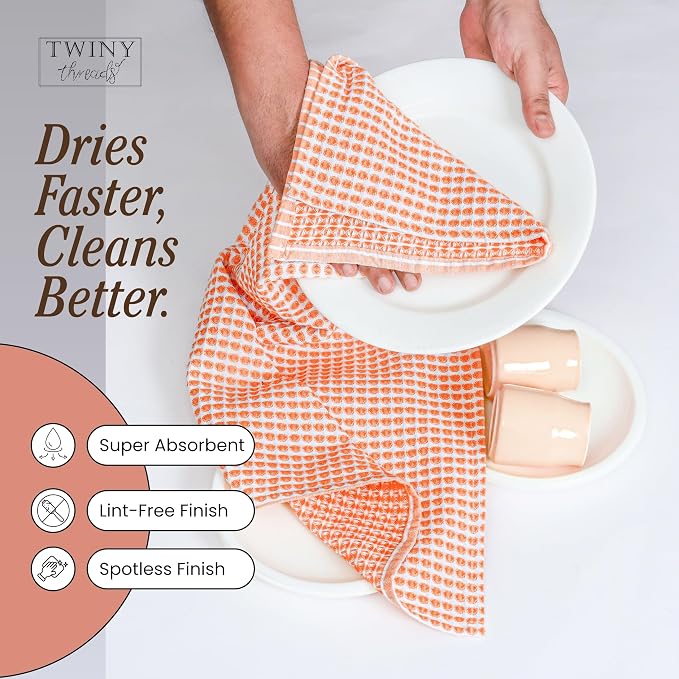 TWINY threads Circle Waffle Kitchen Dish Towels 4 Pack, 16"x26", 100% Cotton, Super Absorbent, Heavy Duty, Quick Drying Dishcloth Set, Premium Wash Rags for Drying Dishes, Cooking, Bright Orange