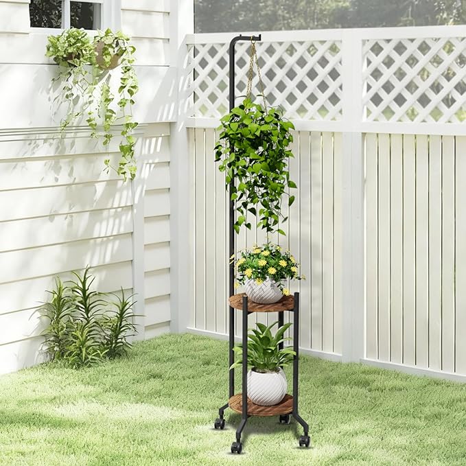 VyGrow Plant Stand Indoor, 2 Tier Hanging Tall Plant Shelf with Wheels, 3 Potted Corner Flower Stand Metal Plant Holder, Plant Shelves for Living Room, Bedroom, Patio, Outdoor, Black