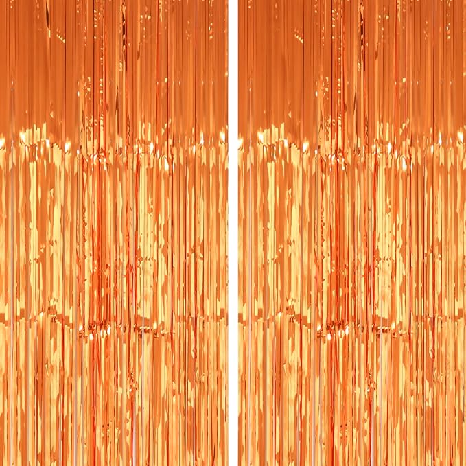 2 Pack 3.2x8.2 Feet Orange Foil Fringe Backdrop Curtains, Metallic Tinsel Photo Booth Backdrop Streamers Birthday Party Decorations, Halloween Baby Shower Disco Basketball Party Supplies