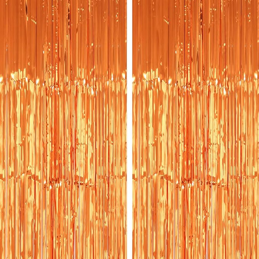 2 Pack 3.2x8.2 Feet Orange Foil Fringe Backdrop Curtains, Metallic Tinsel Photo Booth Backdrop Streamers Birthday Party Decorations, Halloween Baby Shower Disco Basketball Party Supplies