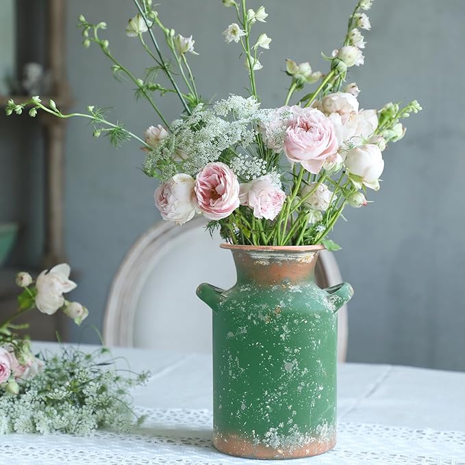 Rustic Vintage Metal Flower Vase for Decor Milk Jug Small Vases for Flowers Kitchen Decorations, Cylindrical,Perfect for Kitchen, Dining Room, Living Room,Housewarming Gift (DarkGreen)
