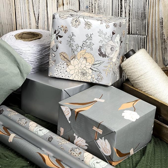 MAYPLUSS Wrapping Paper Roll - 3 Mini Roll - 17 in X 120 in Per roll - Sliver Floral, Silver Elegant Wrapping Paper for Girl,Women Wedding Party Birthday,Valentine's Day,Mother's Day