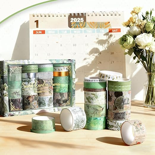 FTTELK 24 Rolls Vintage Washi Tape Set,Glitter Floral Decorative Adhesive Tape for Scrapbooking Supplies,Junk Journal,DIY Crafts,Planners and Gift Wrapping(Secret Garden Series)