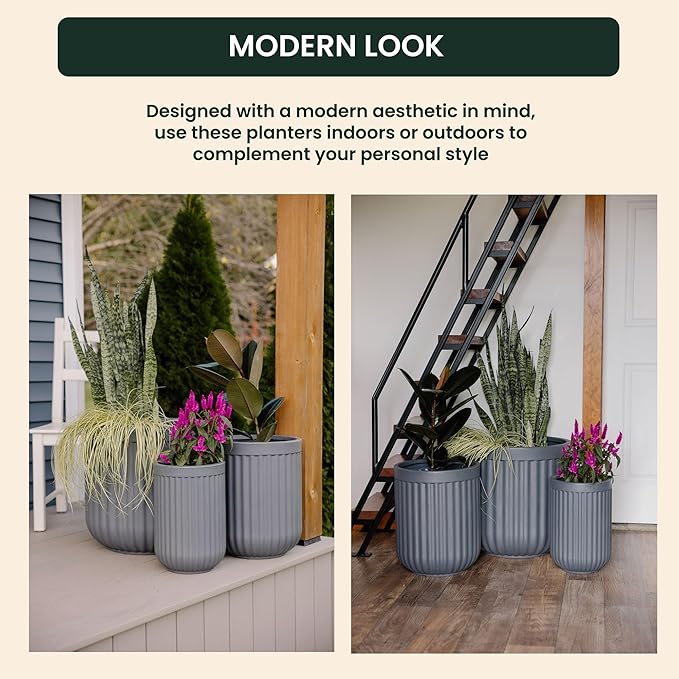 Beuta Large Planters for Outdoor Plants - Set of 3, 15/18/20 Inches - USA Made - Outdoor Planters for Porch - Tall Planter for Outdoor & Indoor Plants | Large Indoor Plant Pot - Grey