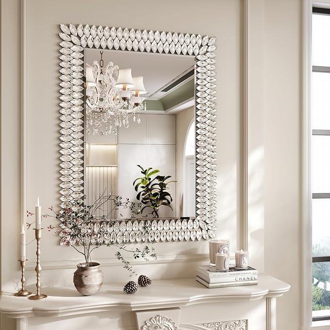 Kelly Miller 30"x40" Jeweled Bathroom Wall Mirror, Large Rectangle Decorative Mirror Luxury Vanity Mirror with Diamonds for Master Bath Half Bath Living Room Bedroom Fireplace Mantle Entryway