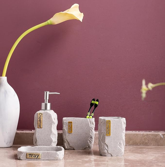 Hymmah Bathroom Accessories Set,Marble Design Toothbrush Holder,Farmhouse Bathroom Decor,4 Pcs Resin Gift Set Apartment Necessities, Contain Toothbrush Cup,Soap Dispenser,Soap Dish,Tumbler