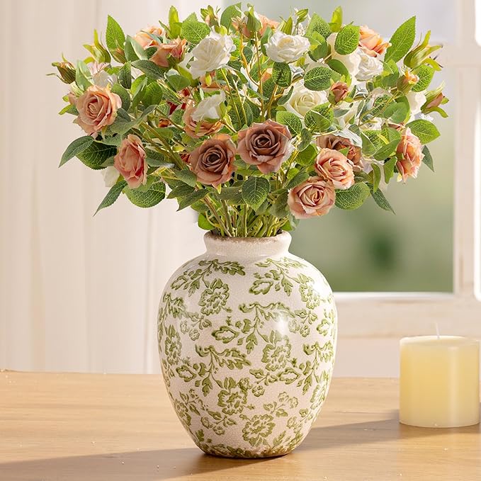 Ceramic Vintage Vase, Green Flower Decorative Vase Chinoiserie Decor Rustic Farmhouse Retro Floral Vases for Table Bookshelf Mantel Kitchen Living Room Office- 7.8inch Green