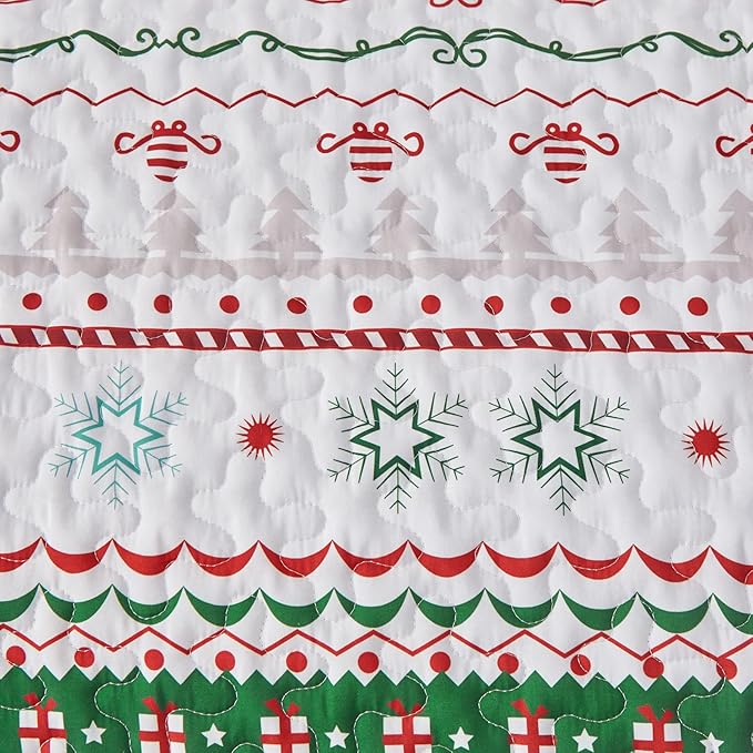 Dinjoy Christmas Quilt Set King Size, Green White Snowflake Christmas Tree Holiday Quilt Bedding Set Xmas New Year Bedspread Soft Microfiber 3 Pieces Coverlet for Kid Adult 104"x90" New Year Gift