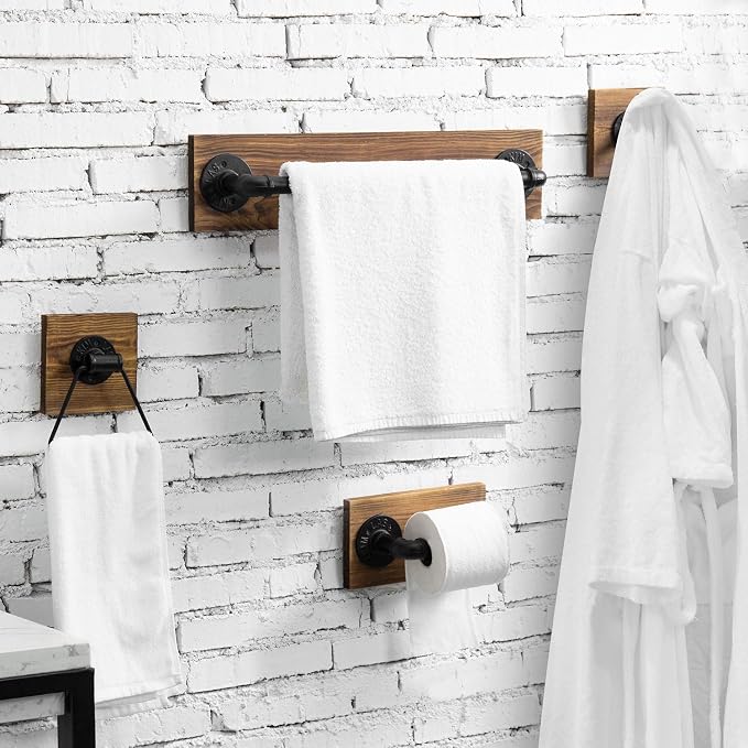 MyGift 4-Piece Bathroom Hardware Set Toilet Paper Holder with Burnt Wood and Industrial Matte Black Metal Pipe Includes, Towel Ring, Towel Bar and and Robe Hook