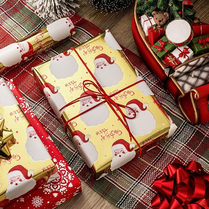 MAYPLUSS Gold Santa Claus Wrapping Paper Roll, 17IN X 33FT Red Christmas Gift Wrap Paper Featuring Merry Christmas Reversible Snowflake for Holiday New Year Kids