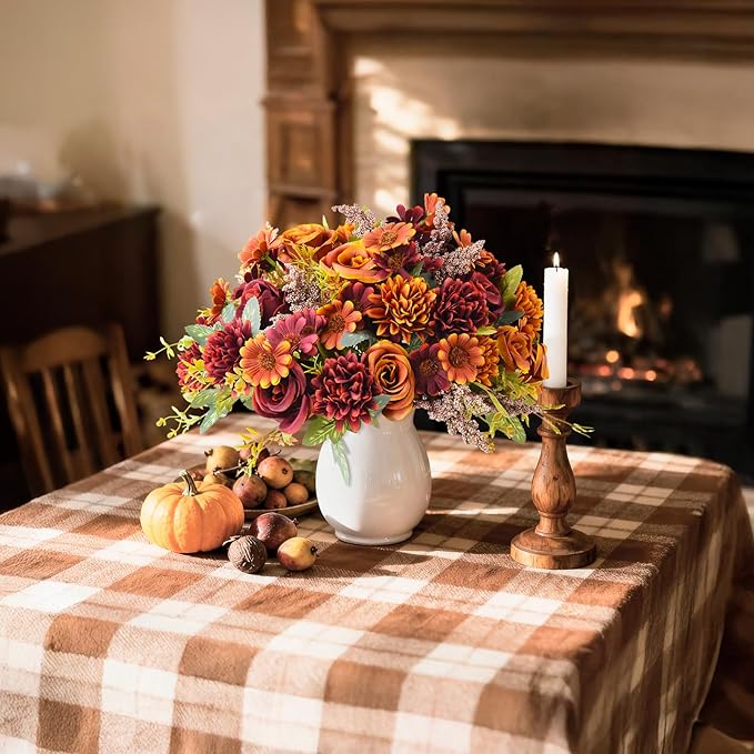 Homsunny Artificial Fake Fall Flowers Centerpieces for Table Decoration, 4 Pcs Faux Silk Flower Arrangements with Mums Chrysanthemum Rose Daisy Floral Bouquets for Home Wedding Party Autumn Decor