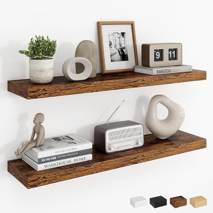Dreamland 30Inch Floating Shelves for Wall, Rustic Wooden Floating Shelves for Bathroom|Bedroom|Kitchen, 2 Pack Deep Wall Mounted Book Shelf, Wood Storage Display Shelf for Home Decor, Brown