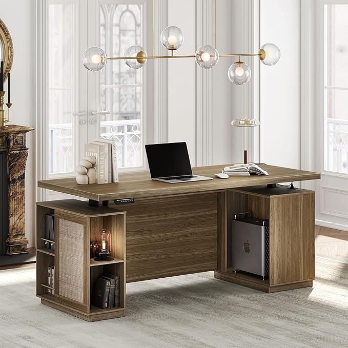 70" Standing Desk with Storage, Executive Electric Height Adjustable Stand Up Desk with AC/USB and Privacy Panel, Large One-Piece Destop, Rattan Computer Desk for Home Office, Natural Oak