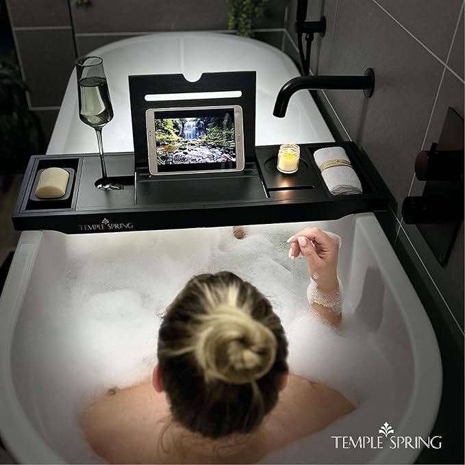 Temple Spring Bamboo Bathtub Tray Caddy for Tub — Expandable Wood Bath Tray with Solid Book Stand Wine Holder and Non-Slip Pads — Includes Bamboo Soap Dish and Spa Accessories — Luxury Bath Gift Set