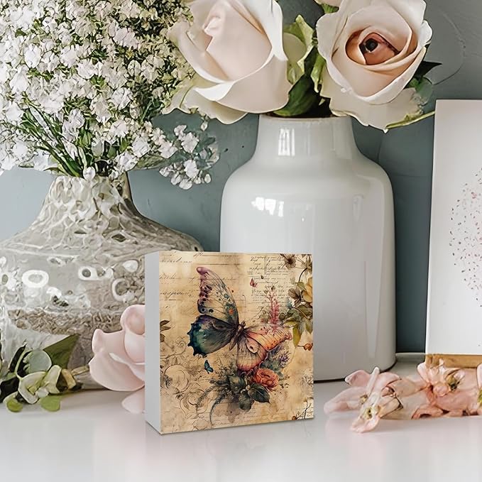 KFXHANGD Vintage Butterfly Wooden Box Sign, Wildflower Signs for Bathroom, Bedroom, Home, Rustic 5x5 Inch