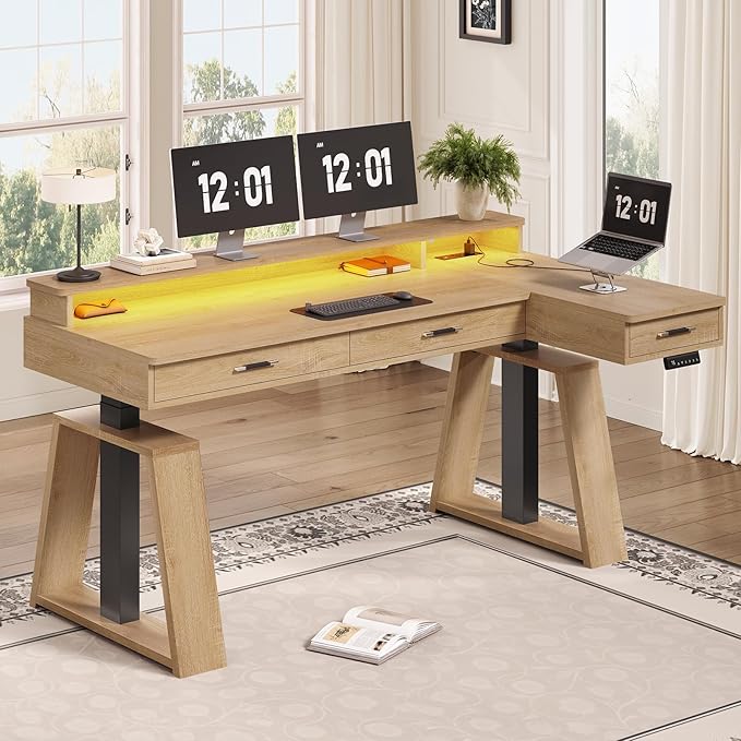 SEDETA 59 Inch L Shaped Electric Standing Desk with Drawers, Executive Adjustable Desk with Power Outlets, Monitor Stand, Sit Stand Computer Table for Home Office, Oak