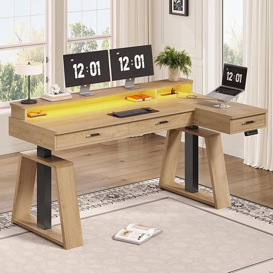 SEDETA 59 Inch L Shaped Electric Standing Desk with Drawers, Executive Adjustable Desk with Power Outlets, Monitor Stand, Sit Stand Computer Table for Home Office, Oak