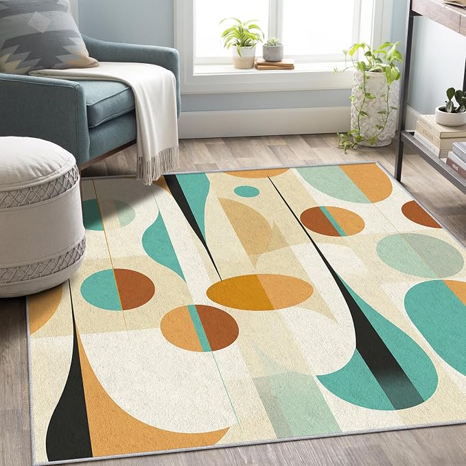 Retro Mid Century Rug 3x4, Washable Modern Geometric Rugs for Living Room Bedroom, Abstract Mid-Century Area Rug for Home Decor, Non Slip Backing Floor Carpet - 3 x 4 ft