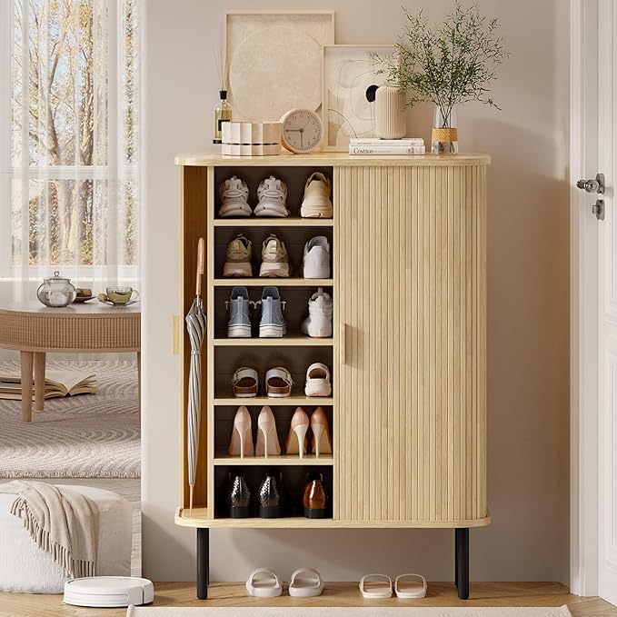 ONBRILL 6-Tier Shoe Cabinet with Sliding Door, Wooden Shoe Storage Cabinet with Adjustable Shelves, Mid-Century Modern Freestanding Shoe Storage Organizer for Entryway, Hallway, Living Room, Oak