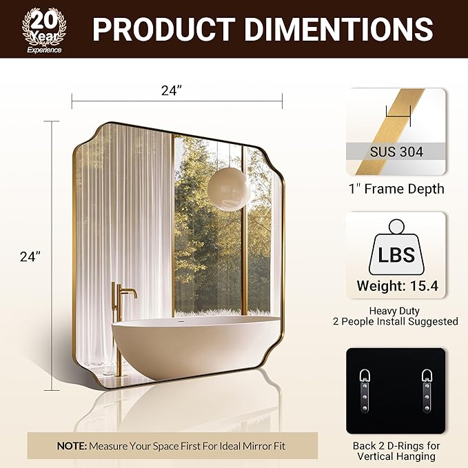 ANDY STAR Square Gold Vanity Mirrors, 24"x24" Brushed Brass Scalloped Bathroom Mirror, Antique Wall Mirror with Anti-Rust Stainless Steel Frame, Rounded Notched Corner Design Ideal for Home Deocr