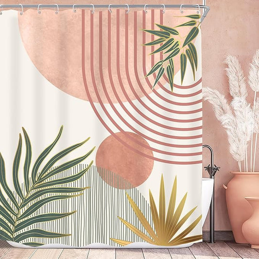 KOMLLEX Mid Century Pink Green Boho Shower Curtain 60Wx72L Inches Abstract Modern Shower Curtains for Bathroom Orange Gold Botanical Minimalist Arch Sun Fabric Liner Waterproof Polyester 12 Pack Hooks