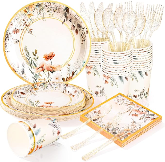 Spring Wildflower Party Decorations,Wildflower Birthday Decorations,Floral Paper Plates and Napkins Sets- Plates,Cups,Napkins,Cutlery for Baby Shower Birthday Bridal Shower Decorations,Serves 24