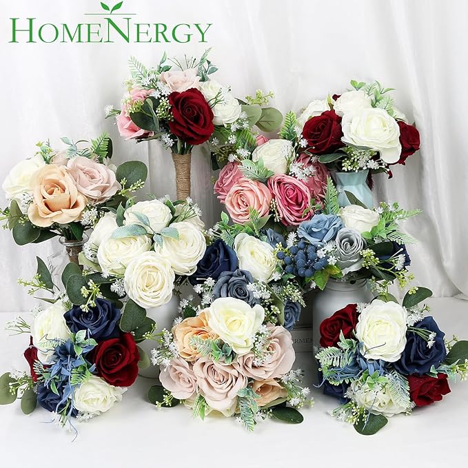 Set of 4 Bridesmaid Bouquets for Wedding - 7 Inch Artificial Flowers Bouquets for Ceremony Anniversary Centerpieces Decorations - Burgundy & Navy Blue & White