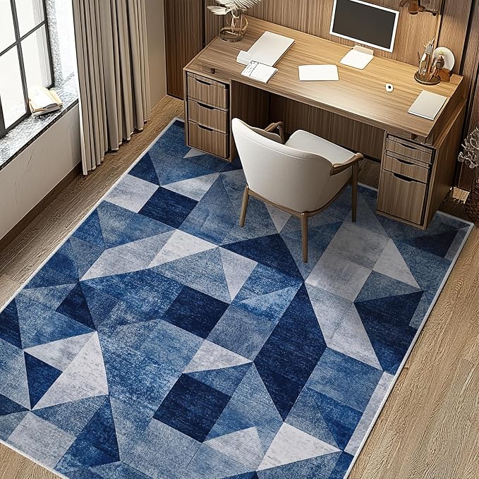 5x7 Navy Blue Area Rug Modern Geometric Blue White Beige Bedroom Rug Soft Low Pile Thin Large Carpet Living Room Non Slip Dining Room Stain Resistant Office Washable Machine