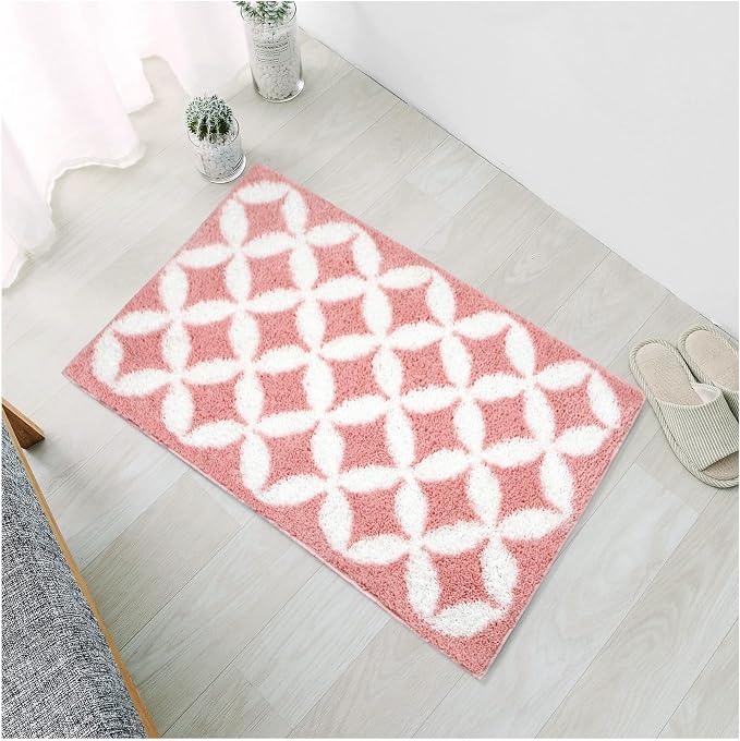 Civkor Pink and White Bathroom Rug Non Slip Washable, Cute Bath Mat for Bathroom with TPR Backing, Quick Dry Fluffy Microfiber Piles, Super Water Absorbent Thin Bath Rug Fit Under Door, 31x20Inch