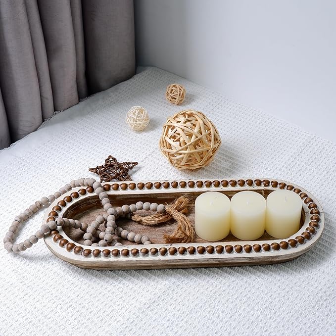 Wood Serving Tray, Wooden Bead Decorative Tray, White Washed Coffee Table Tray for Ottoman, Rustic Distressed Decor for Home, Kitchen, Farmhouse (Natural Wood)
