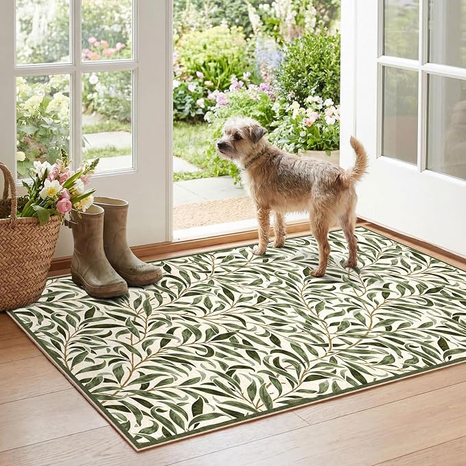 Boho Outdoor Rug - 28" x 43" Front Door Mat Indoor Outside Entrance Non-Slip Washable Outdoor Mat Spring Sage Green Leaf Rug for Entryway Kitchen Bedroom Layered Doormat for Front Porch