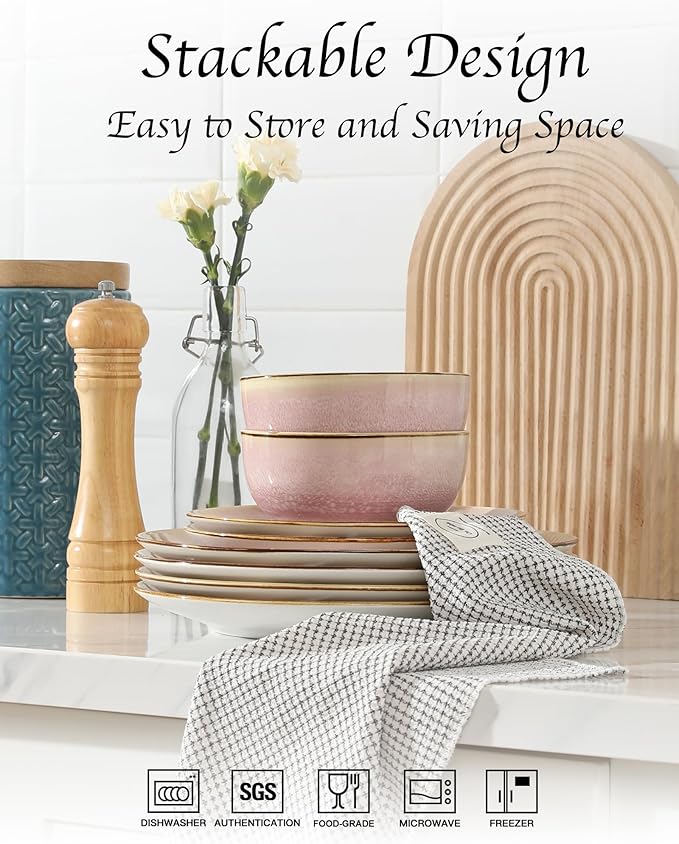 Sweejar Dinnerware Sets Service for 4, 12 pcs Porcelain Plates and Bowls for Kitchen, Housewaring Gift, Chip and Scratch Resistant Dish Set, Handmade Dishwasher and Microwave Safe Plate Set, Pink