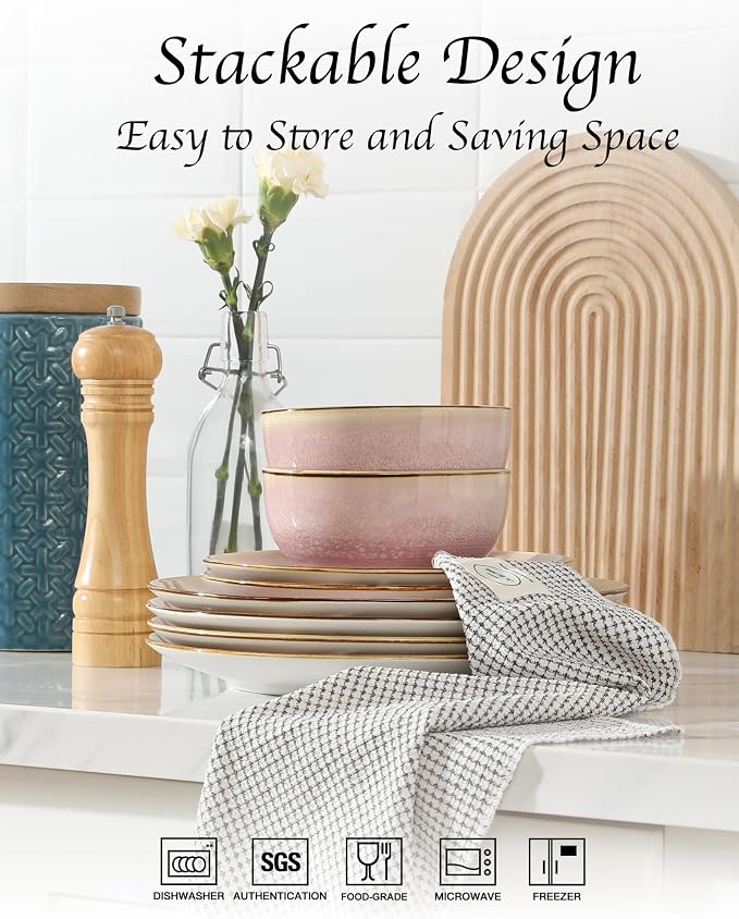 Sweejar 24 Piece Dinnerware Sets for 8, Porcelain Plates and Bowls Set for Kitchen, Housewaring Gift, Chip and Scratch Resistant, Easy Cleaning Dishes Set, Stack Compactly Dishware, Pink