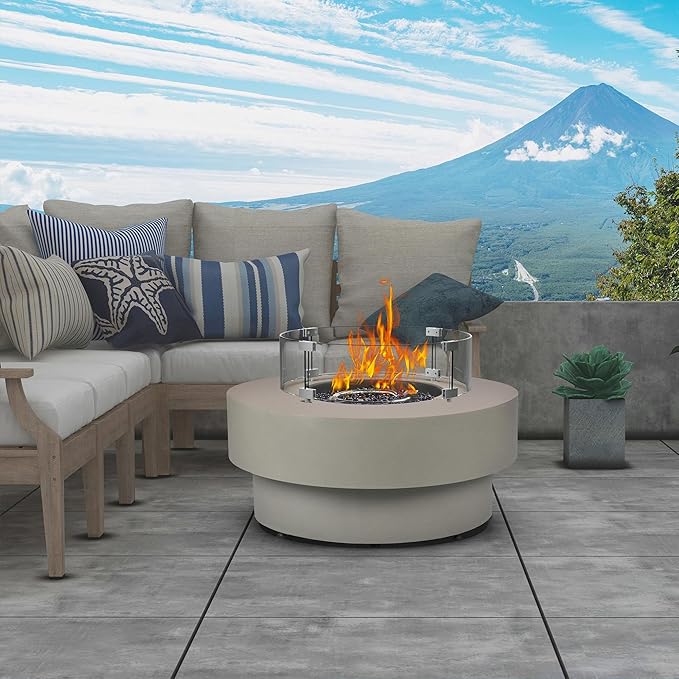 Propane Outdoor Fire Pit Table with Wind Glass Shield, Flint & Concrete Look 32.5-inch Round Patio Gas Fire Table 50,000 BTU w/Lid, Fire Glass, Cover, Pre-Attached 10ft Propane Hose