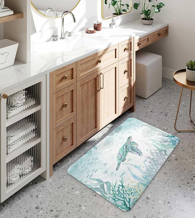 Sea Turtle Bath Rugs for Bathroom, Blue Teal Ocean Beach Nautical Coastal Fish Beachy Summer Animal Seashell Kids Non Slip Flannel Bathroom Rug, Dry Fast Water Absorbent Bath Mats, 17x29 Inch