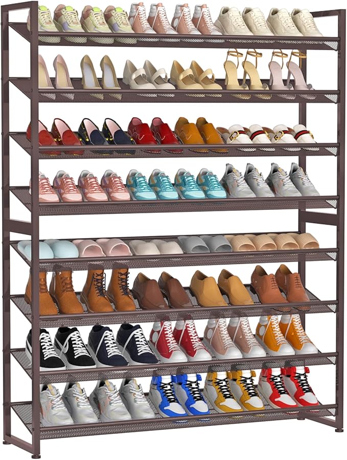 NEYCIL Large Shoe Rack 8 Tier Shoe Organizer, Heavy Duty Metal 4-Tier Stackable Shoe Storage Vertical Shoe Rack for Closet Front Door Entrance, Up to 50 Pairs, 44.8" W x 11.4" D x 56.7" H, Bronze