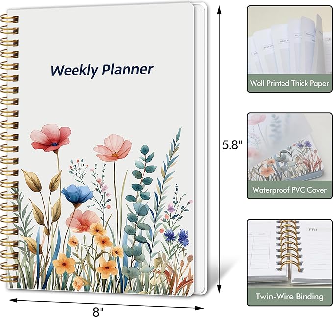 Undated Weekly Planner - Weekly Goals Notebook, A5 To Do List Planner, Habit Tracker Journal with Spiral Binding Floral Cover
