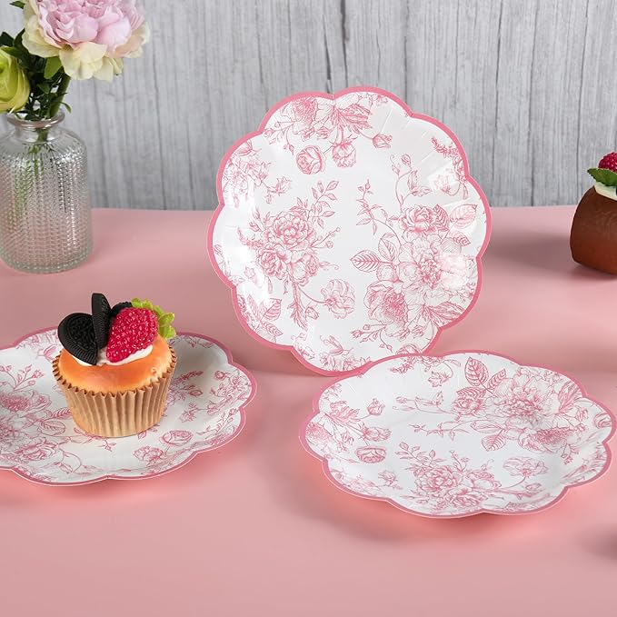 Pink Floral Party Plates Vintage Floral Leaf Disposable Paper Plates Wildflower Pink Toile 7" Scalloped Rim Dessert Plates for Valentines Birthday Bridal Tea Party Supplies (48)