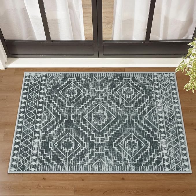Wonnitar Moroccan Bathroom Rug,Washable 2x3 Small Bath Mat, Boho Tribal Soft Kitchen Sink Mat, Non-Slip Geometric Entry Way Rug, Low-Pile Indoor Carpet for Bedside Entrance Laundry (Dark Grey,2'x3')