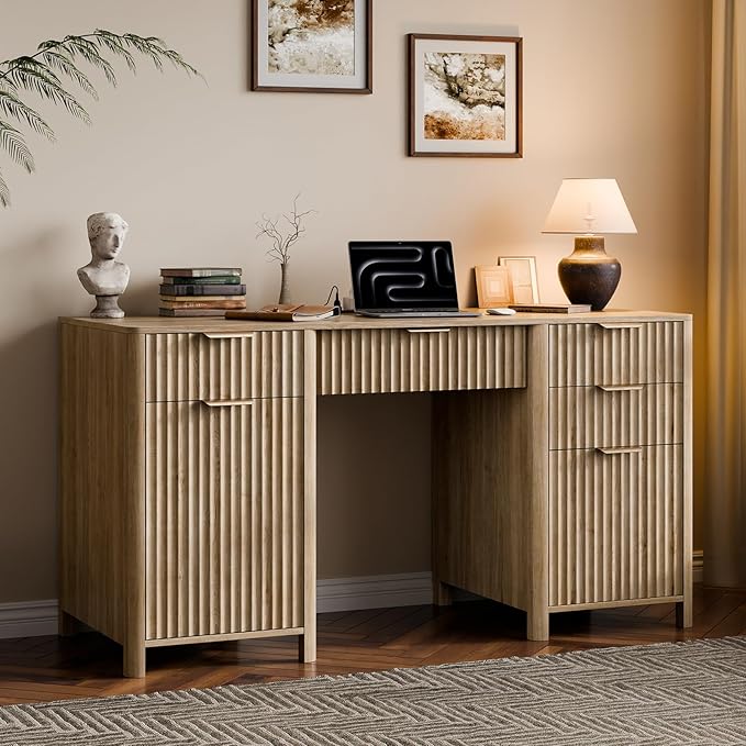 58" Fluted Home Office Desks with Storage, Modern Executive Desk Computer Desks with 5 Drawers & Cabinet, Wood Work Desk File Drawer for Office, Bedroom, Study, Living Room, Oak