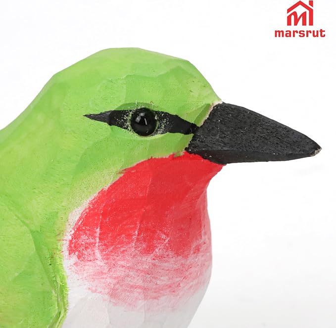 Wooden Hummingbird Figurine, Hand-Carved Ruby-Throated Green Miniature Bird Sculpture, Wooden Mini Handmade Ornament, Small Wildlife Nature-Inspired Rustic Art Collectible for Gift, Home, Garden Decor
