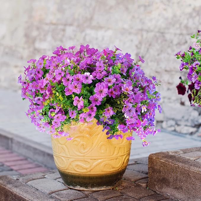 16 Bundles Artificial Flowers for Outdoors ,No Fade UV Resistant Realistic Purple Silk Daisy Fake Eucalyptus Summer Plants for Indoor Decoration Outside Planter Porch Home Garden Window Box Decor