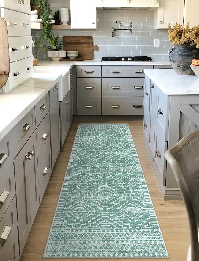 Wonnitar Moroccan 2'6"x8' Washable Kitchen and Bathroom Rug, Sage Green Boho Laundry Room Carpet, Thin Non-Slip Runner for Bedroom Hallway Closet (Mint Green, 2'6"x8')