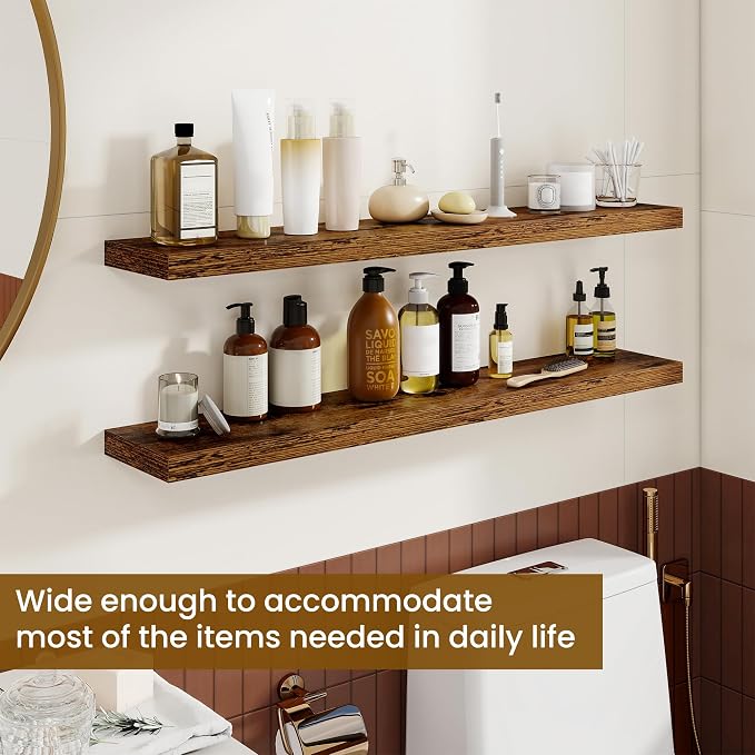 Dreamland 40Inch Floating Shelves for Wall, Rustic Wooden Storage Shelf for Living Room, Kitchen, Farmhouse, Wall Mounted Display Shelving with Invisible Heavy-Duty Metal Bracket, Set of 2 - Brown