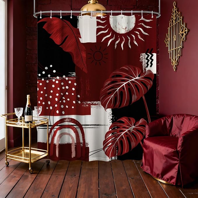 Black and Red Mid Century Modern Shower Curtain Bohemian Abstract Burgundy Shower Curtains for Bathroom Decor Sets, Waterproof Cloth Fabric with Hooks, 72x84 Inch
