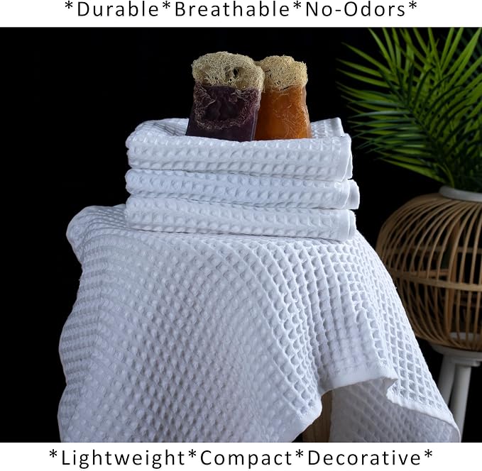 PÜSKÜL Natural 100% Turkish Cotton Waffle Kitchen Towels Set of 3 | Oeko-Tex, Premium Waffle Hand Towels for Bathroom | Soft Absorbent Quick-Dry Lint-Free Dish Towel Large 32x16 inch (3, White)