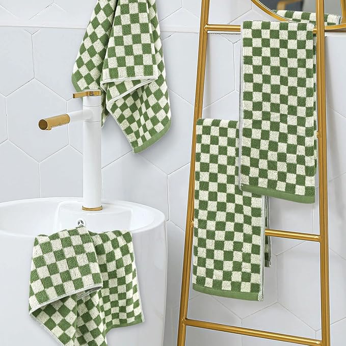 Jacquotha Green Hand Towels for Bathroom Set of 4 - Cute Checkered Bathroom Towels for Kitchen Decor, Lightweight for Bath Face Body