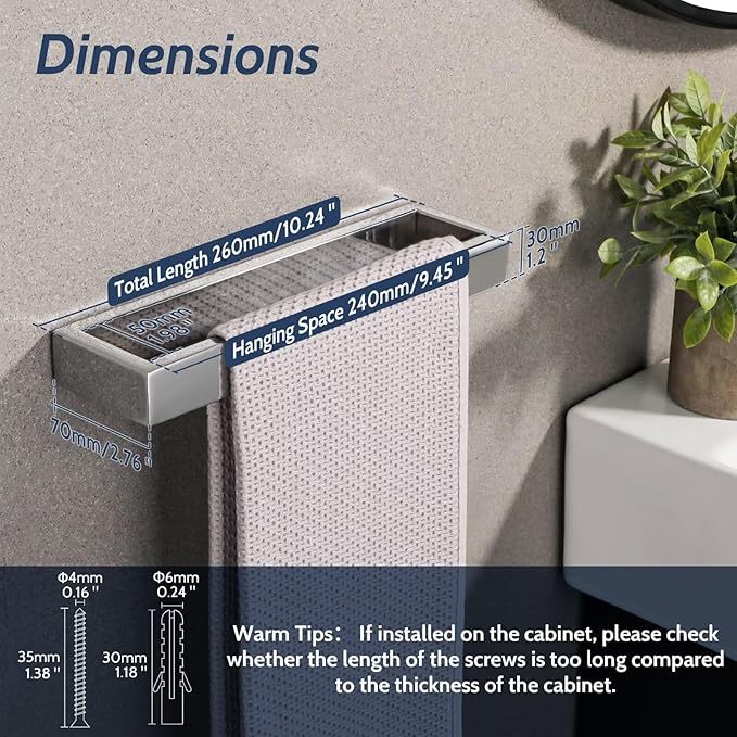 Sayayo Polished Chrome Towel Bar for Bathroom, 10 Inch Hand Towel Holder Wall Mount Square Towel Ring SUS304 Stainless Steel Towel Rack
